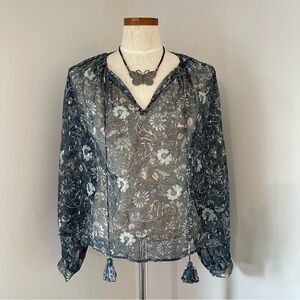 Anthropologie Let Me Be Blue Floral puff sleeves sheer top Small